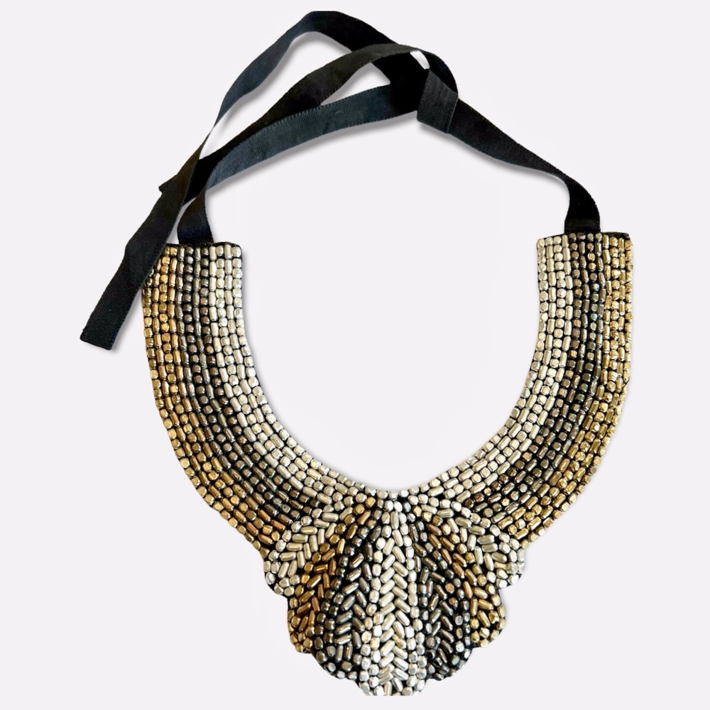 Elegant Beaded Collar Bib Necklace- Silver Bronze Grey